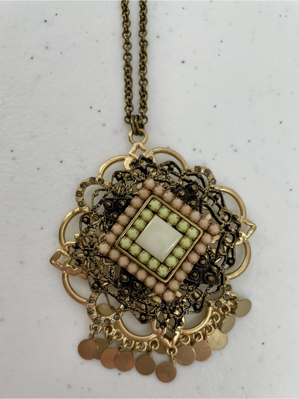 Vintage Chicos Intricate Boho Metal Beaded Long Pendant 1990’s Necklace